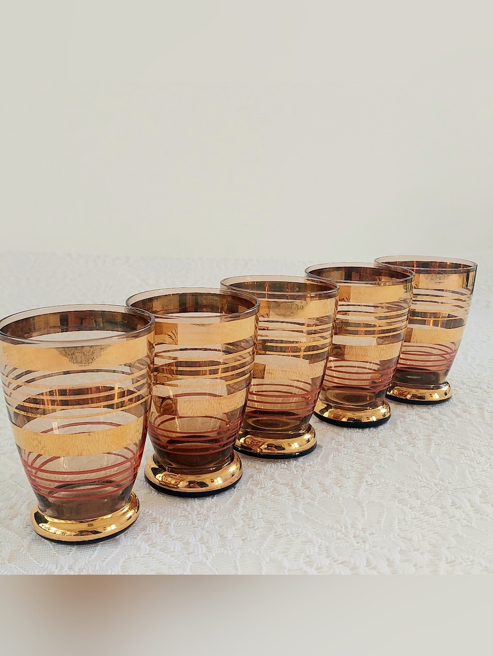 Set of 5 Mid Century Amber Gold Gilt Shot Glasses - Vintage Bohemian Retro Barwa